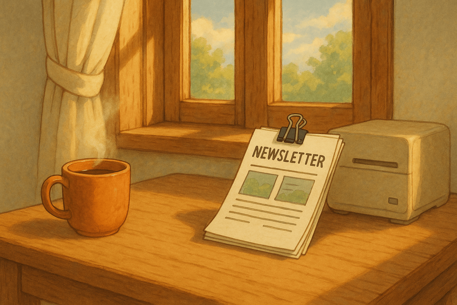 Cozy workspace featuring a steaming coffee mug and a newsletter on a wooden table by a sunny window, perfect for leisurely reading.