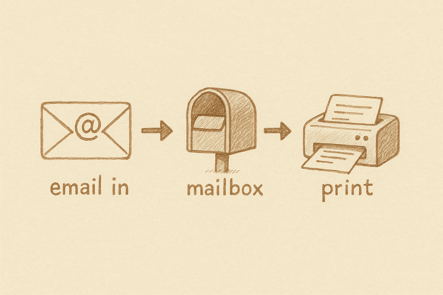 Alt text: "Illustration showing the process of emailing a document, receiving it in a mailbox, and printing it out."