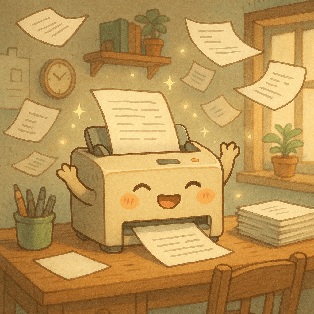 Happy cartoon printer printing papers in a cozy office setting with plants and a clock.
