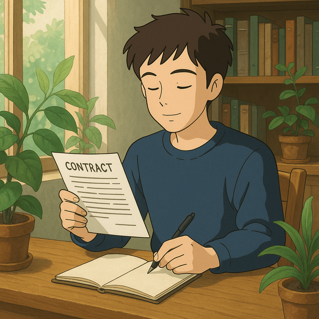 A young man reading a contract while sitting at a desk with plants, preparing to write in a notebook.