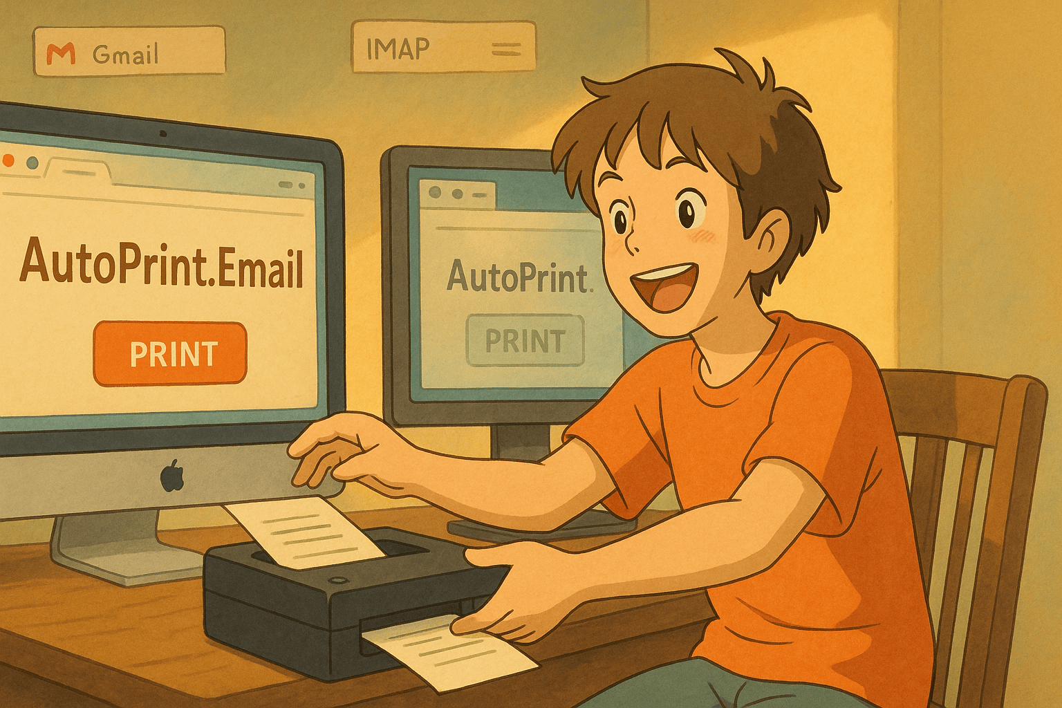 A young boy in an orange shirt is excitedly using a printer connected to two computer screens displaying the AutoPrint.Email website, showcasing an easy online printing process.