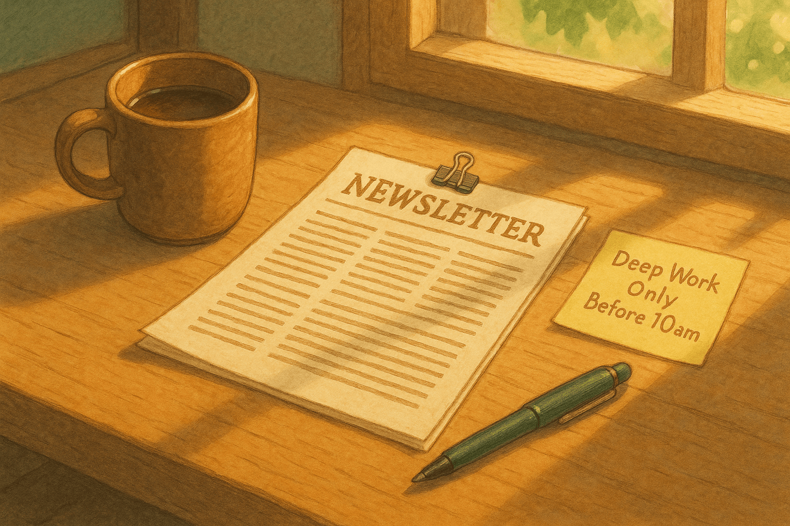 Cozy workspace with a mug of coffee, a newsletter, and a reminder note for deep work before 10am.