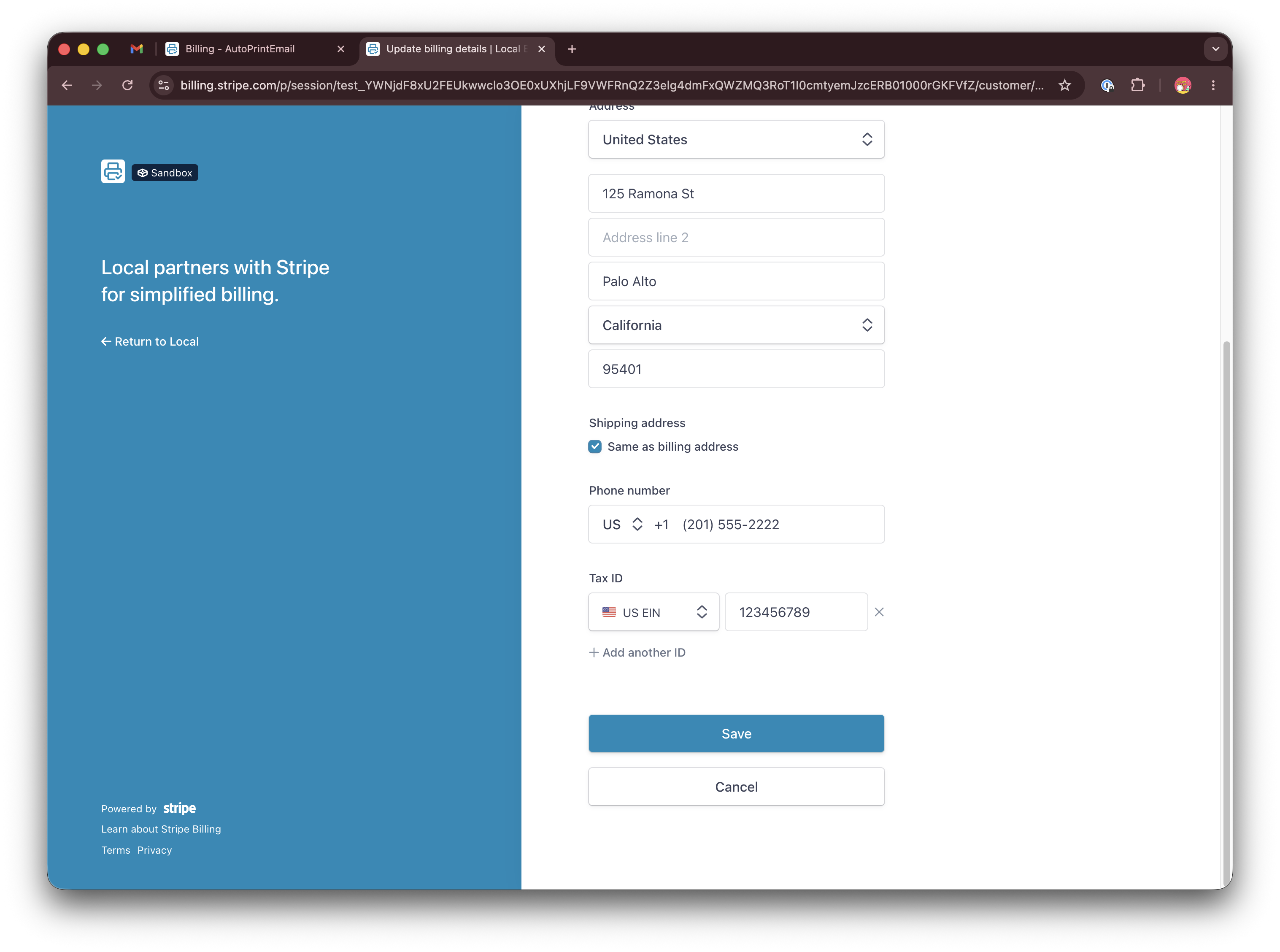 Stripe portal Tax ID field with country dropdown and ID input