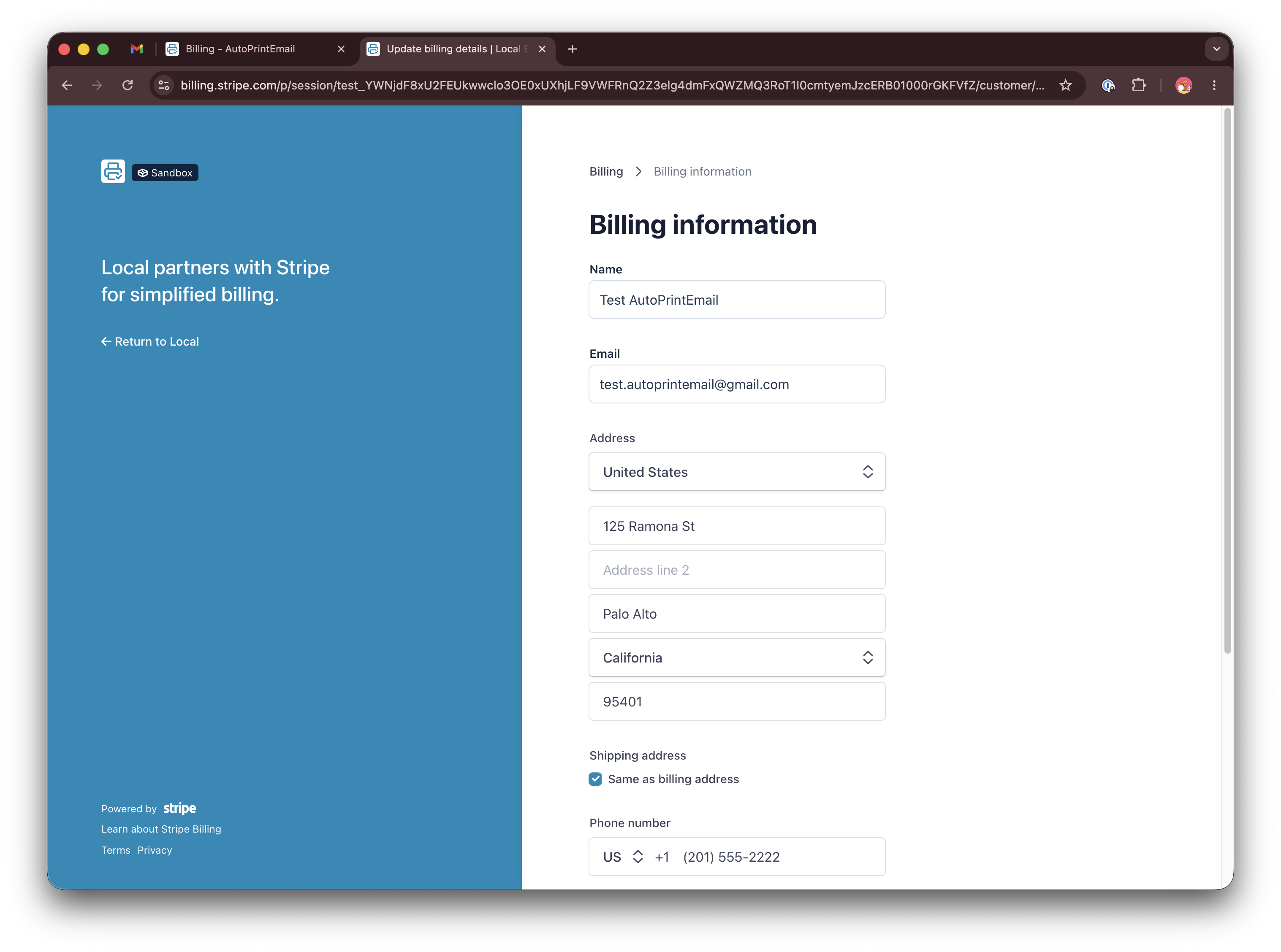 Form showing company name, billing address, and country fields