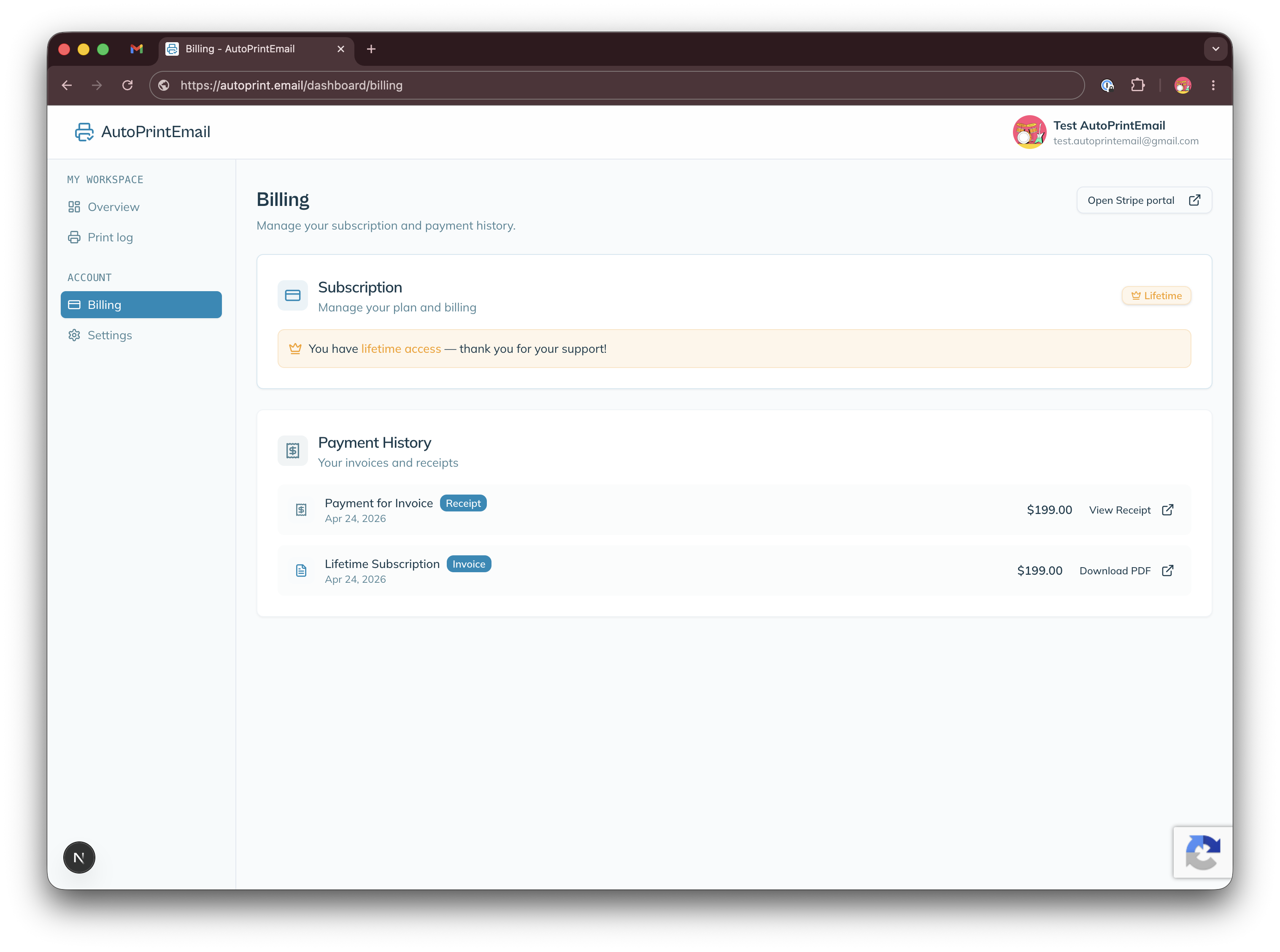Billing page on the AutoPrintEmail dashboard with the Open Stripe portal button highlighted in the top right