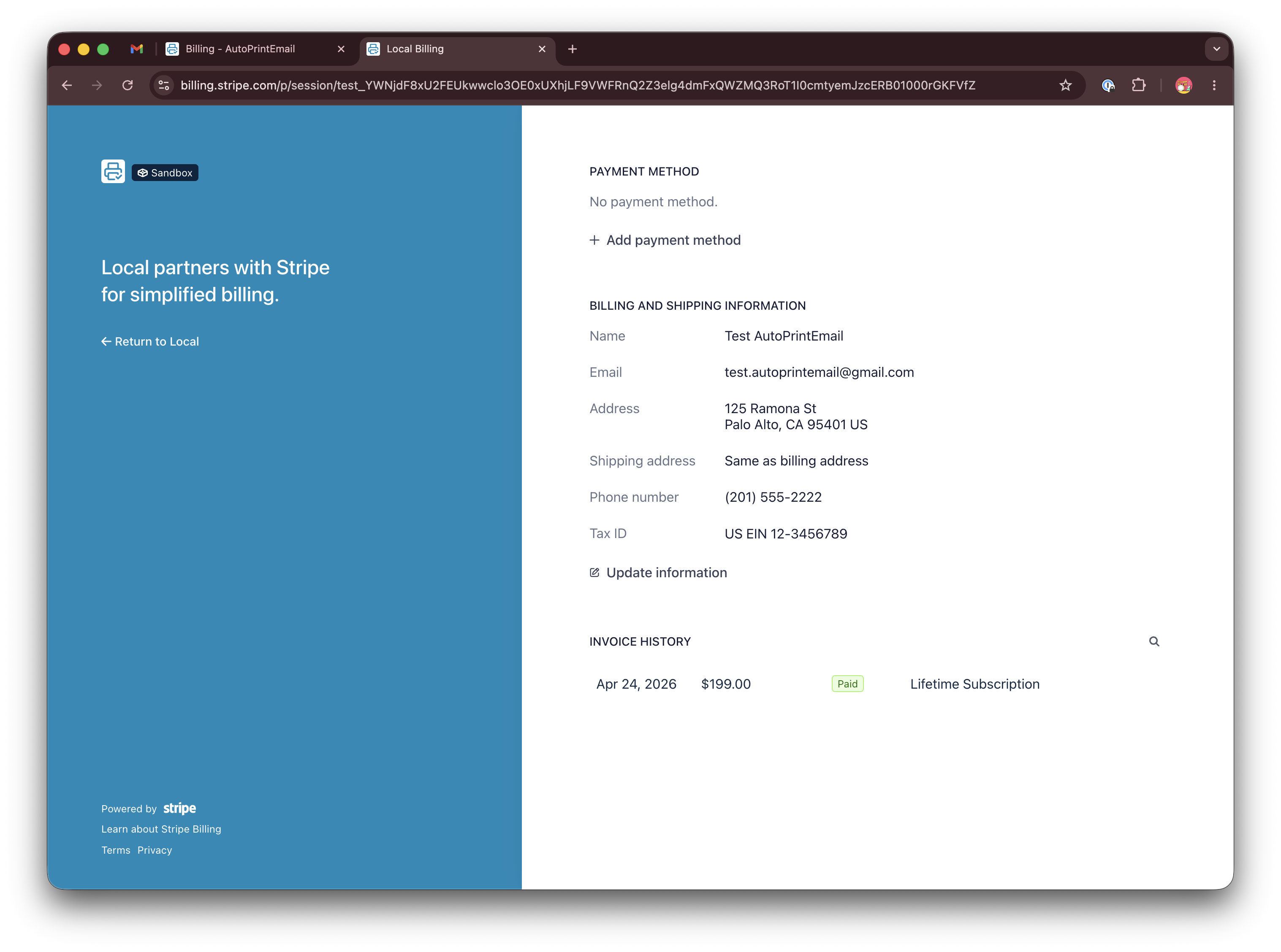 List of past invoices in the Stripe customer portal with download icons next to each