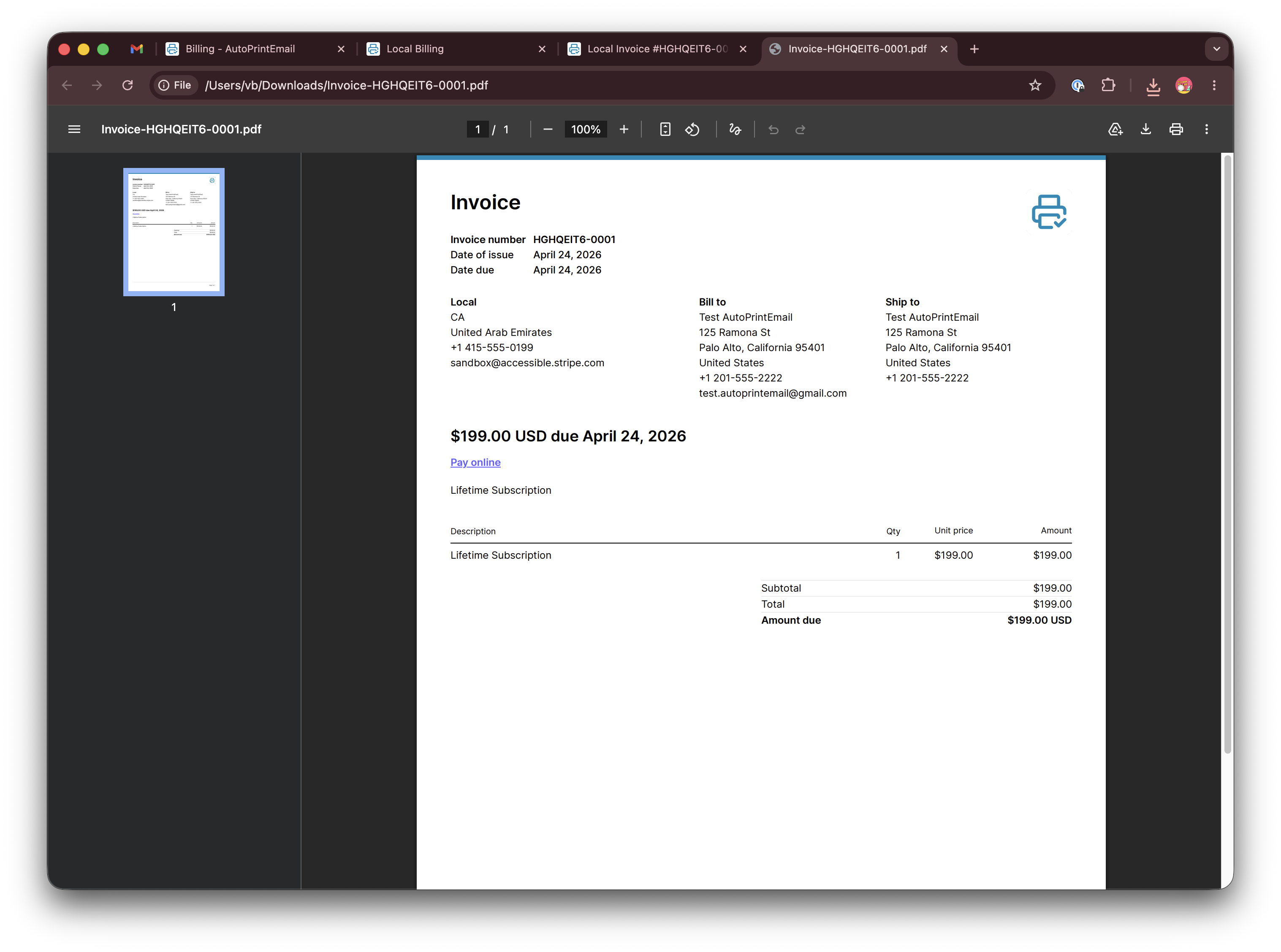 Sample invoice PDF with company name, billing address, and tax ID visible at the top