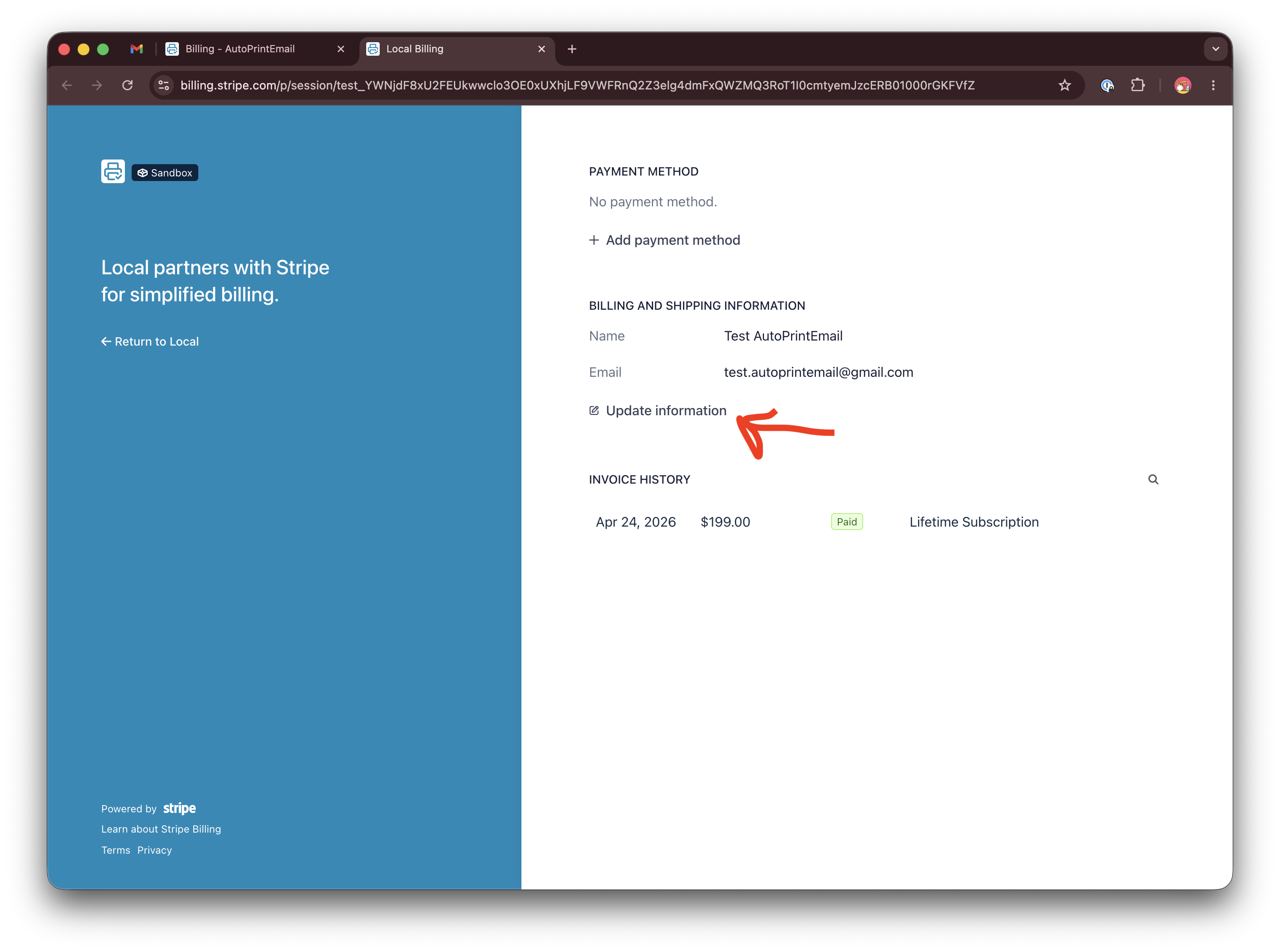 Stripe customer portal home page