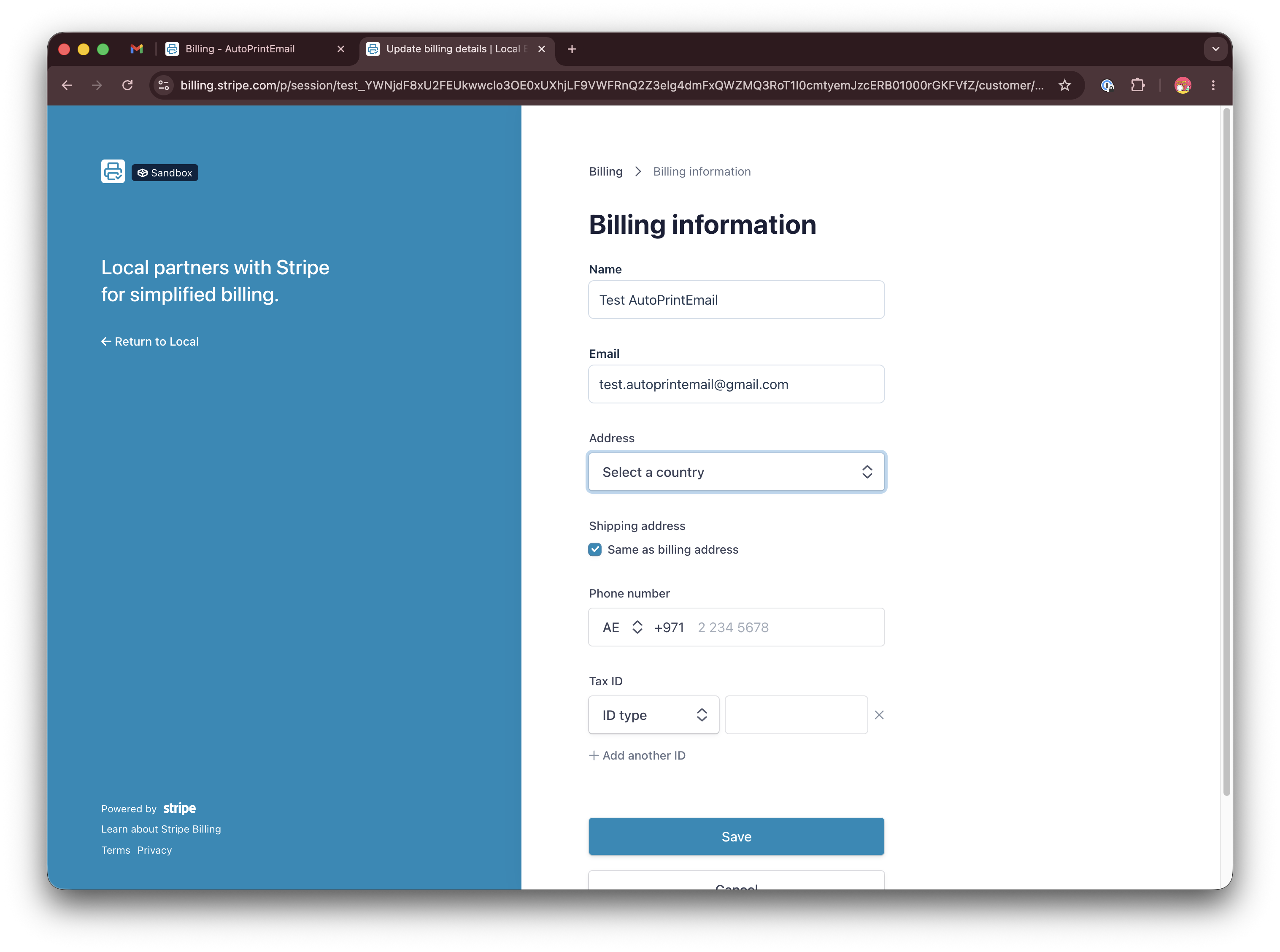 Stripe portal Update information button