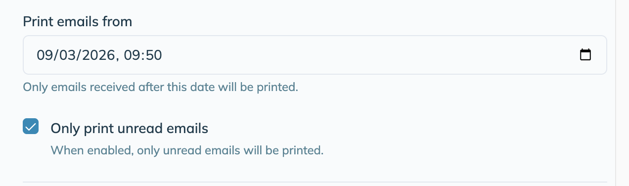 The Email Filters section of the Print tab, with the Print emails from date and the Only print unread emails checkbox