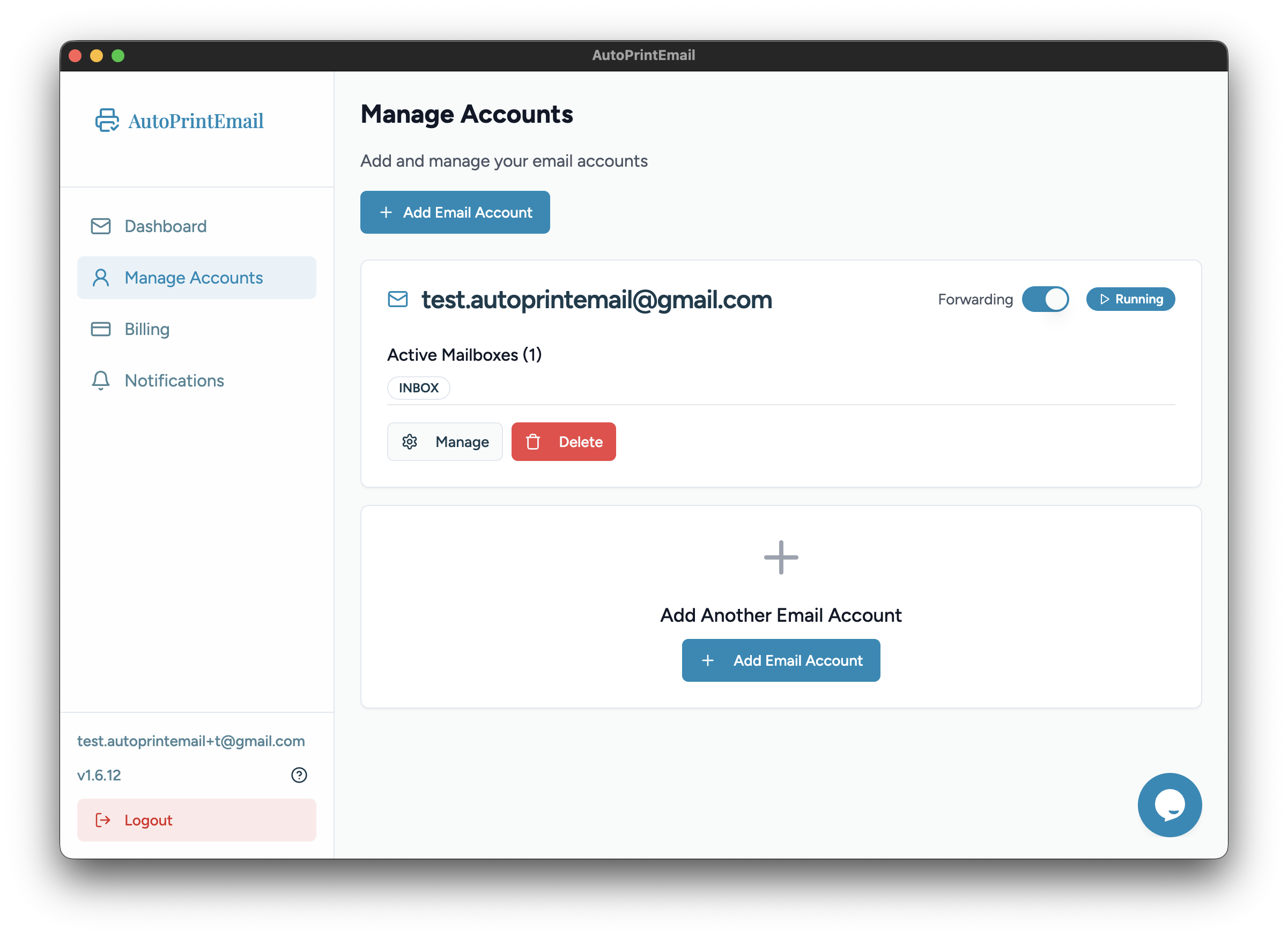 Account card with manage button