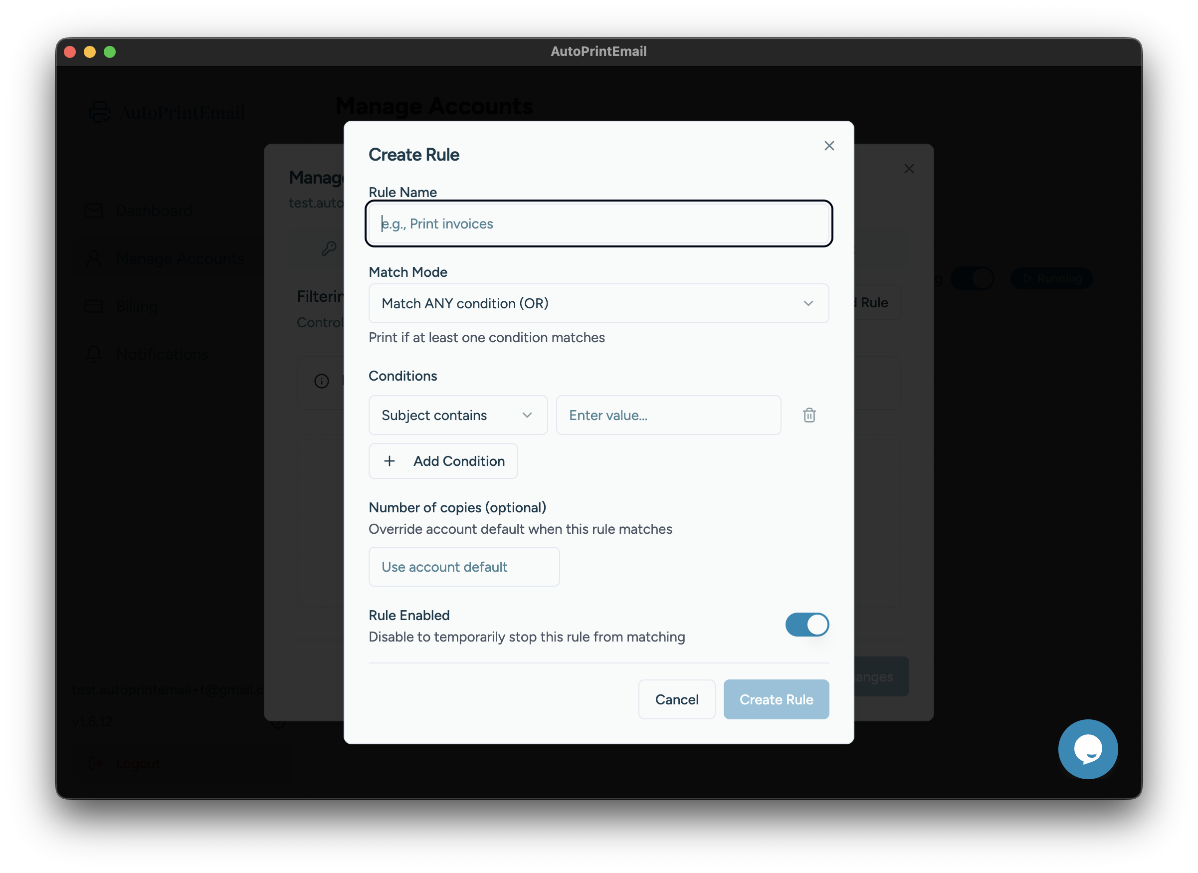Create rule dialog with all options