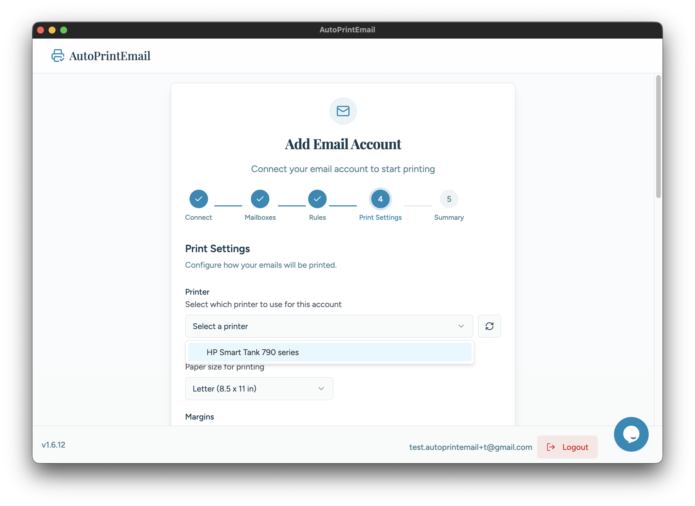 Printer selection screen