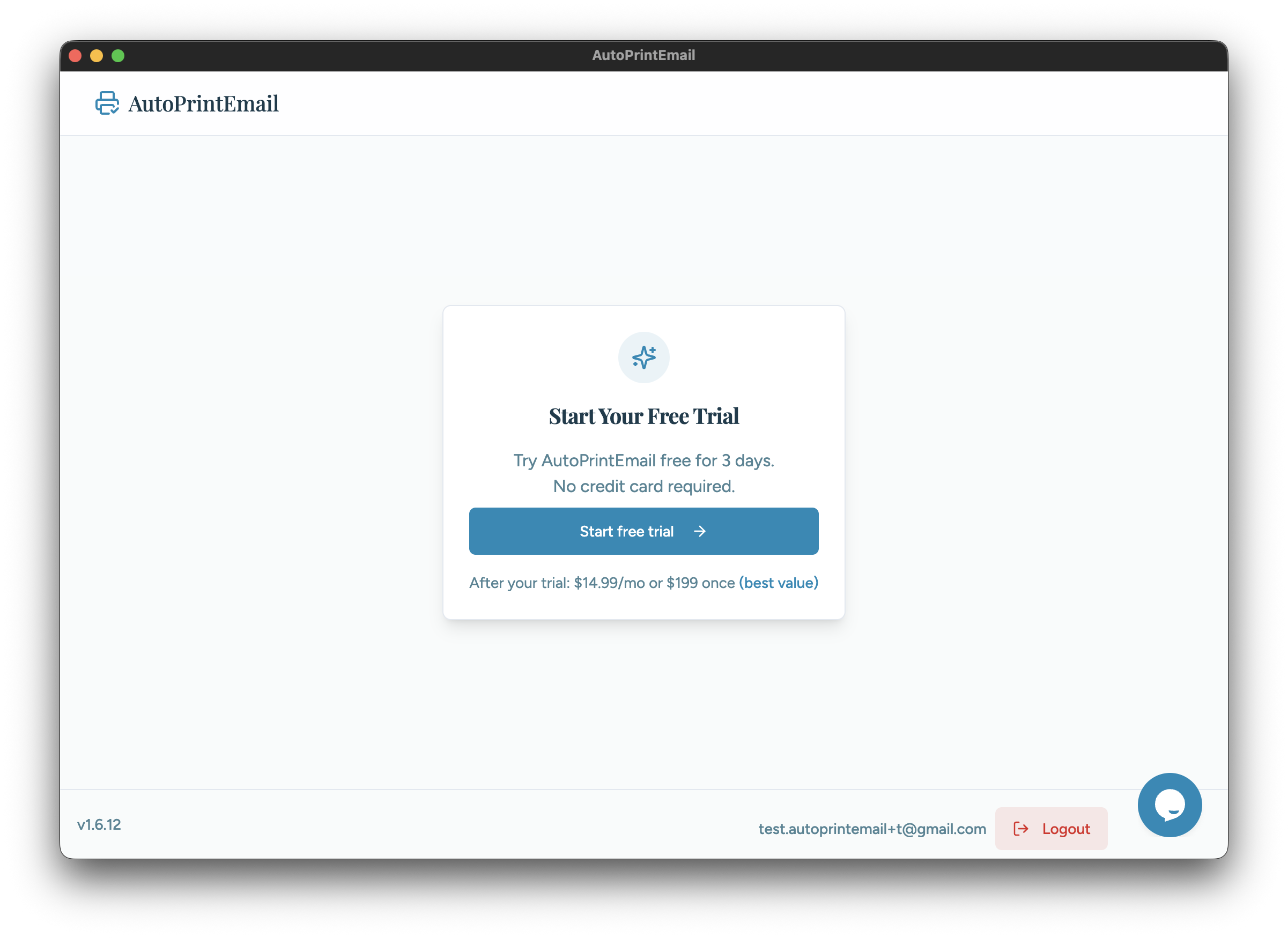 Start free trial screen