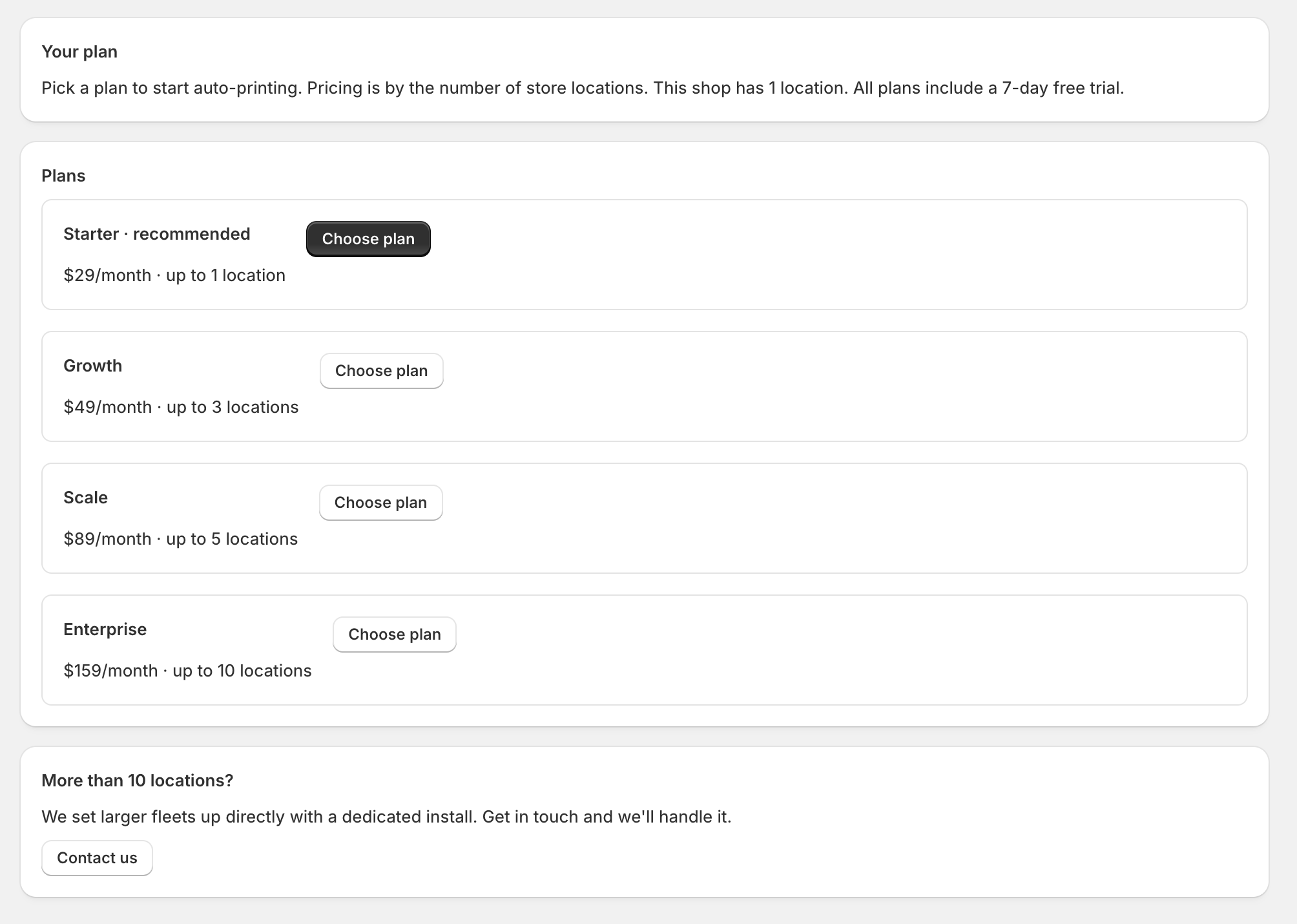 Plan picker showing Starter, Growth, Scale, and Enterprise tiers
