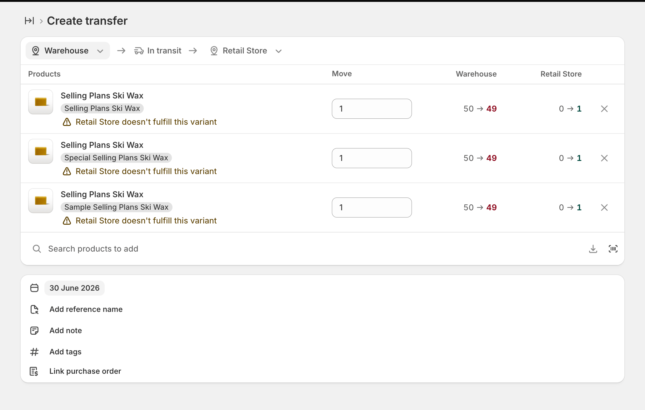 Creat an inventory transfer in Shopify