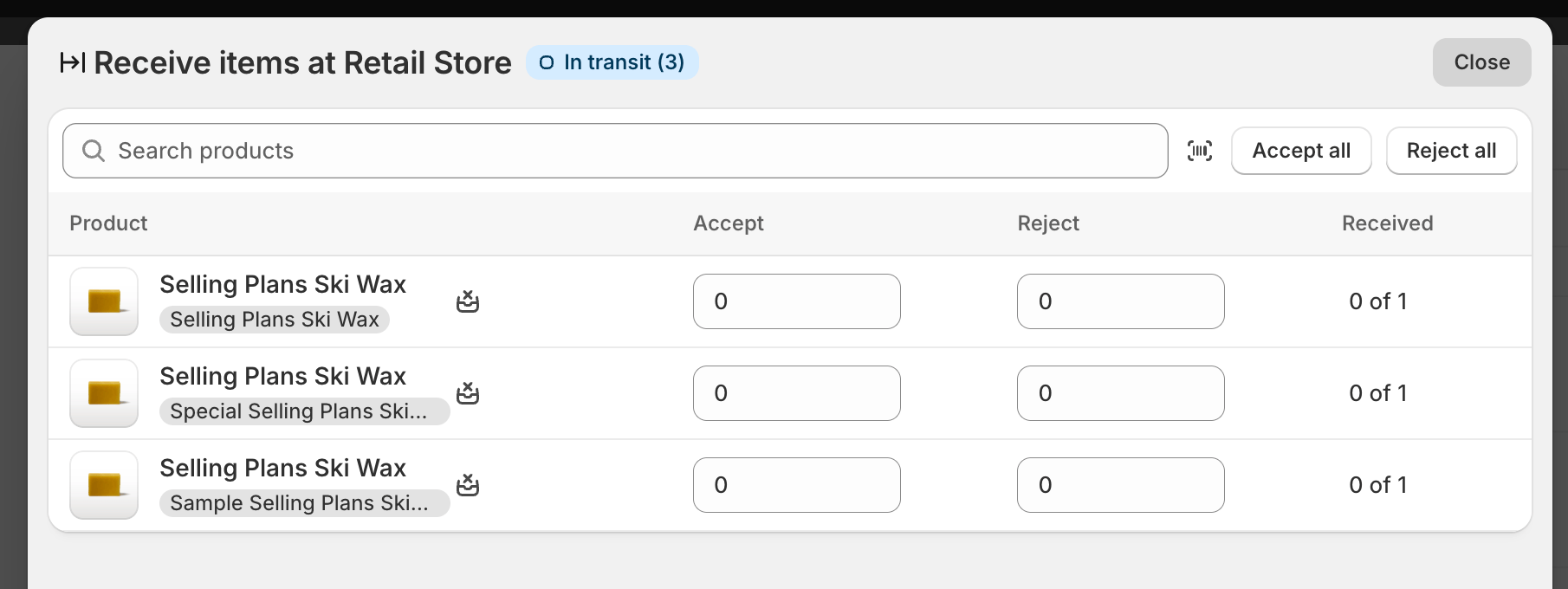Receiving items on an inventory transfer in Shopify