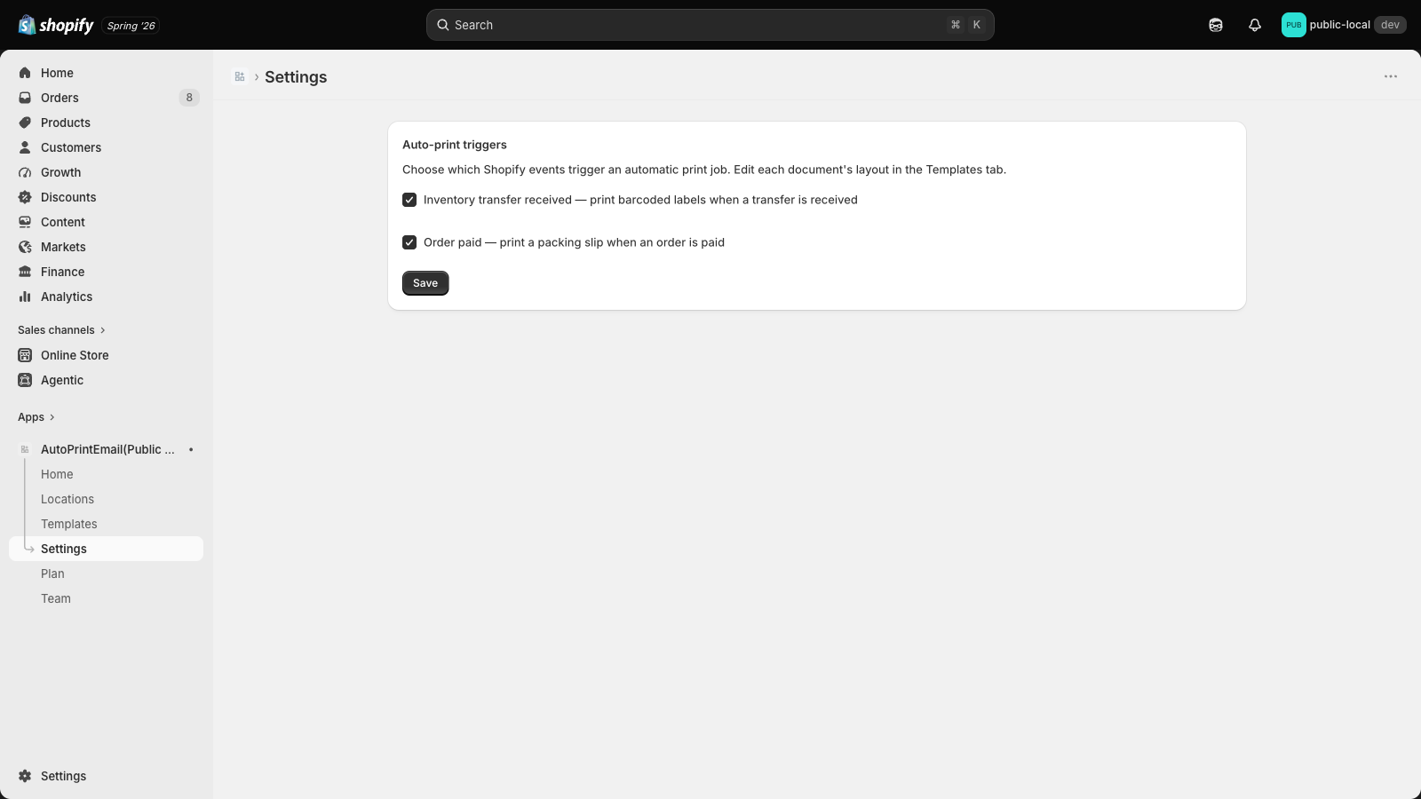 Settings with the Order paid packing-slip trigger enabled