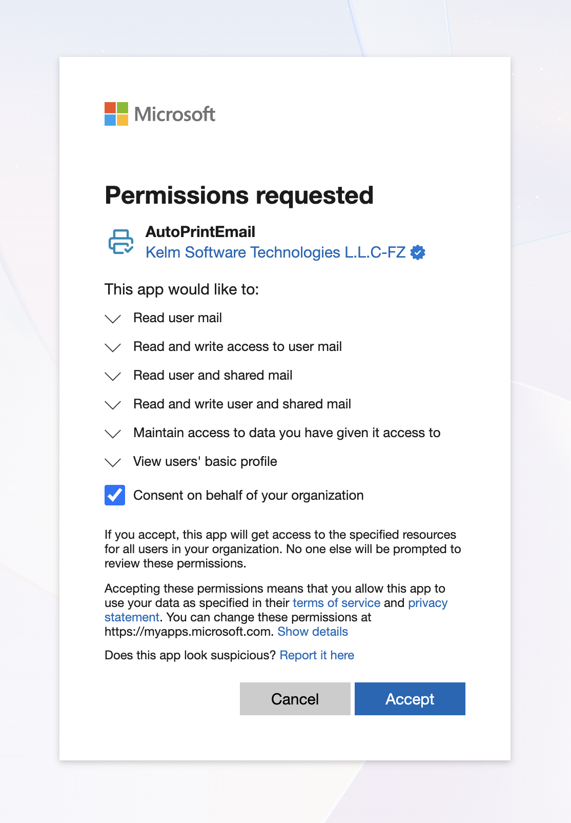 Microsoft permissions requested screen with Consent on behalf of your organization ticked, then Accept