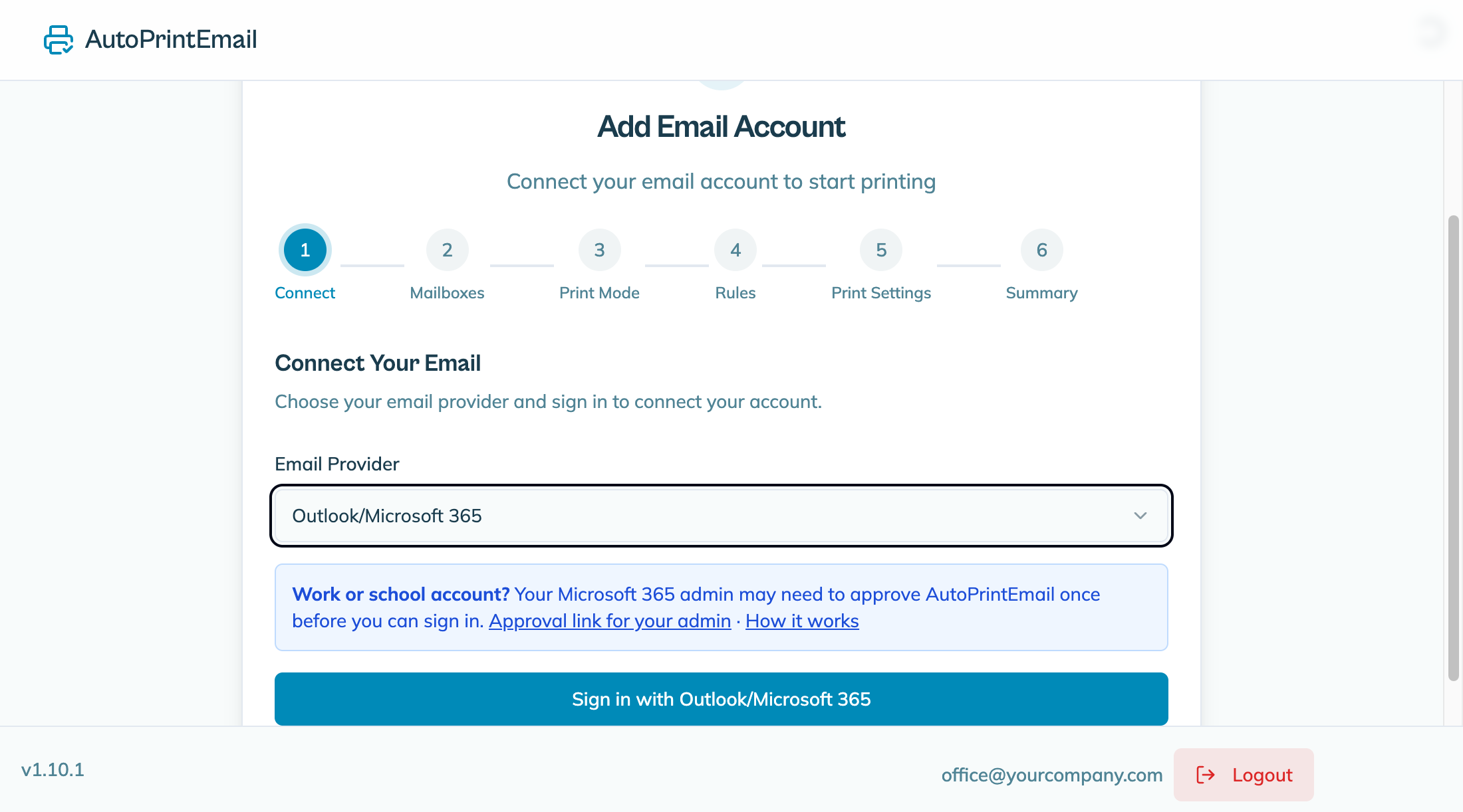AutoPrintEmail connect step with the approval link for your admin on work accounts