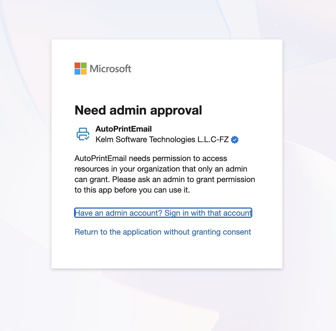 Microsoft sign-in showing Need admin approval for AutoPrintEmail