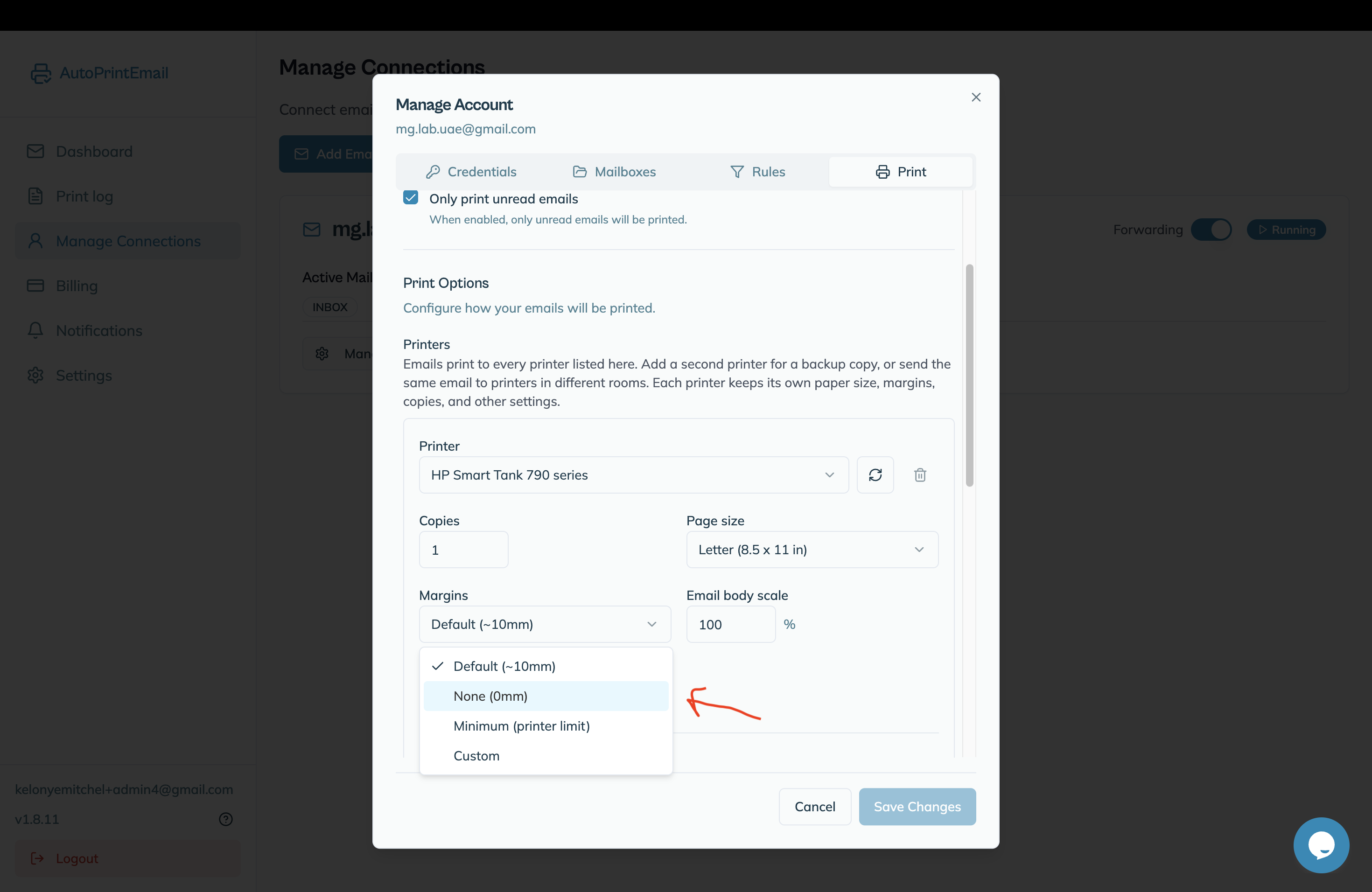 Margins dropdown set to None (0mm) on the printer card