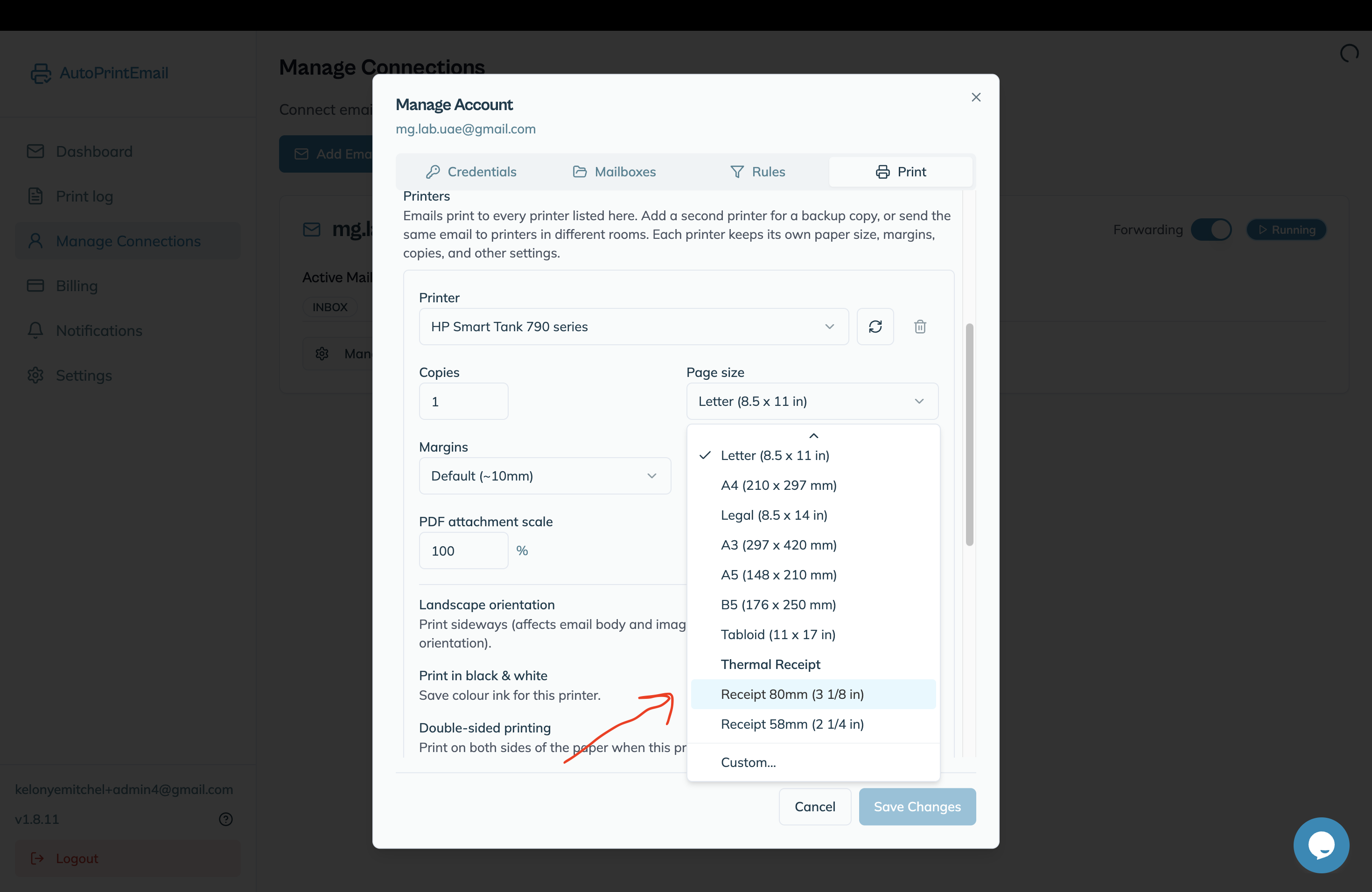 Print Settings page size dropdown with Receipt 80mm selected under the Thermal Receipt group